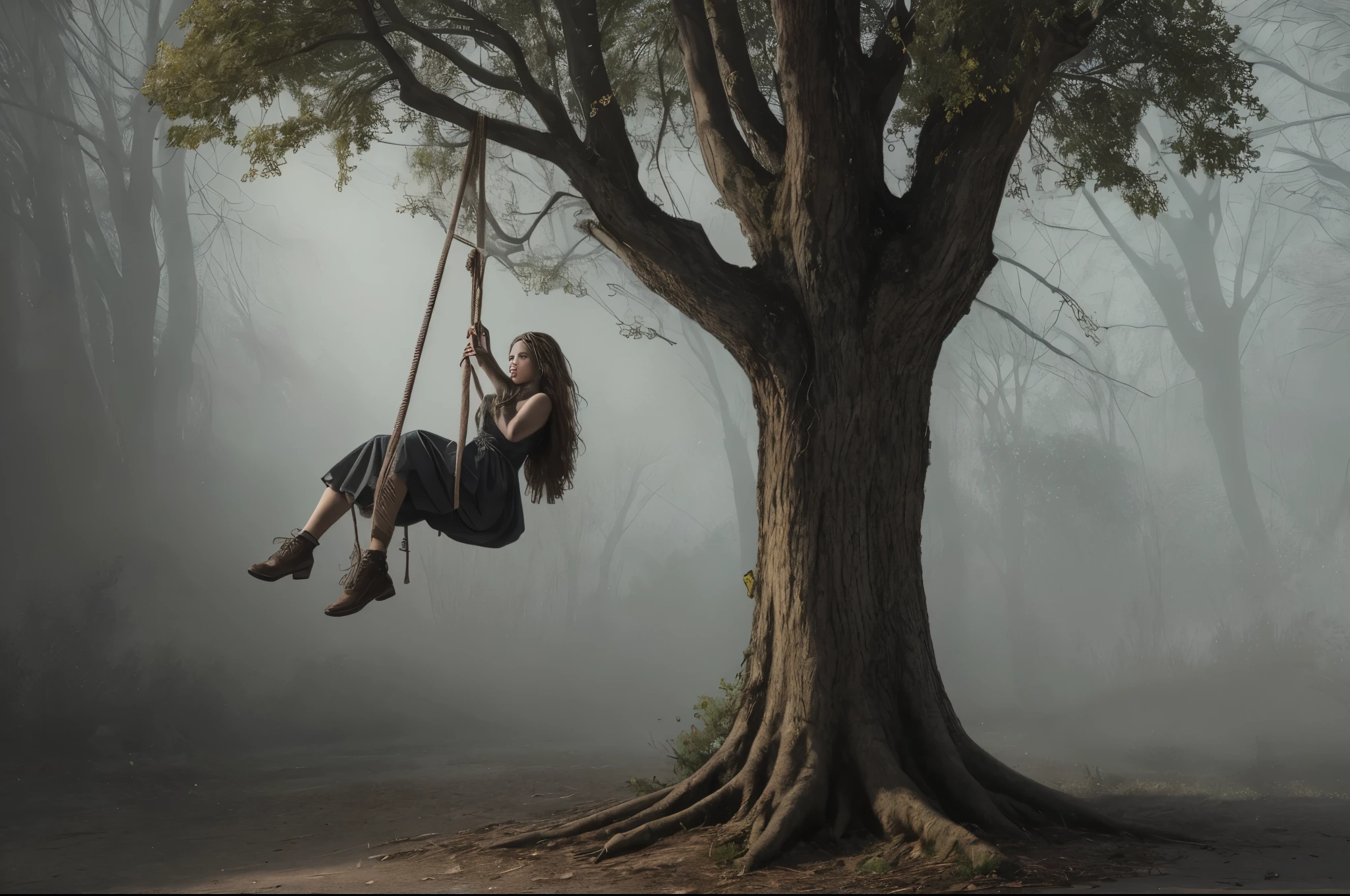 A haunting masterpiece, of unparalleled quality, showcasing a tragic scene of a  girl hanging from a tree. The rope around her neck, reminiscent of a hangman's noose, is rendered in exquisite detail, a testament to the artist's skill. The atmosphere is horrific, laden with sadness and a profound sense of melancholy. The girl's torn clothing is rendered with vibrant colors, contrasting starkly with the somber scene.

The dramatic lighting, inspired by chiaroscuro, creates a cinematic atmosphere, with deep shadows and highlights that evoke a moody, gritty, and dark gothic ambiance. [The character is surrounded by mist, evoking a mysterious and eerie atmosphere. The lighting is dark and atmospheric, with a red smoke adding a touch of sinister ambiance. The image is of the best quality, with a resolution of 4k and HDR enhancement, showcasing the utmost level of detail and realism, sfw, full body shot.]. [8K, Best Quality, Masterpiece, Ultra High Resolution, (highly detailed CG unity 8k wallpaper), (best photo), (best shadows), isometric 3D, octane rendering, ray tracing, highly detailed, (Best quality, 4K, 8k, A high resolution, masterpiece:1.2), absurdity, masterpiece, ultra detailed, (realistic, photorealistic, photorealistic:1.37), complex parts, HDR, (complex parts:1.12), (hyper detailed, hyper realistic, Soft lighting, spicy:1.2), (complex parts, Hyper detailed:1.15). Blurred foreground. (backlit), realistic, masterpiece, high quality, brightness, chromatic aberration, 8k uhd, some smoke, shadows, contrast, clear sky, (warm hue, warm tone), high details, natural reflections]. 