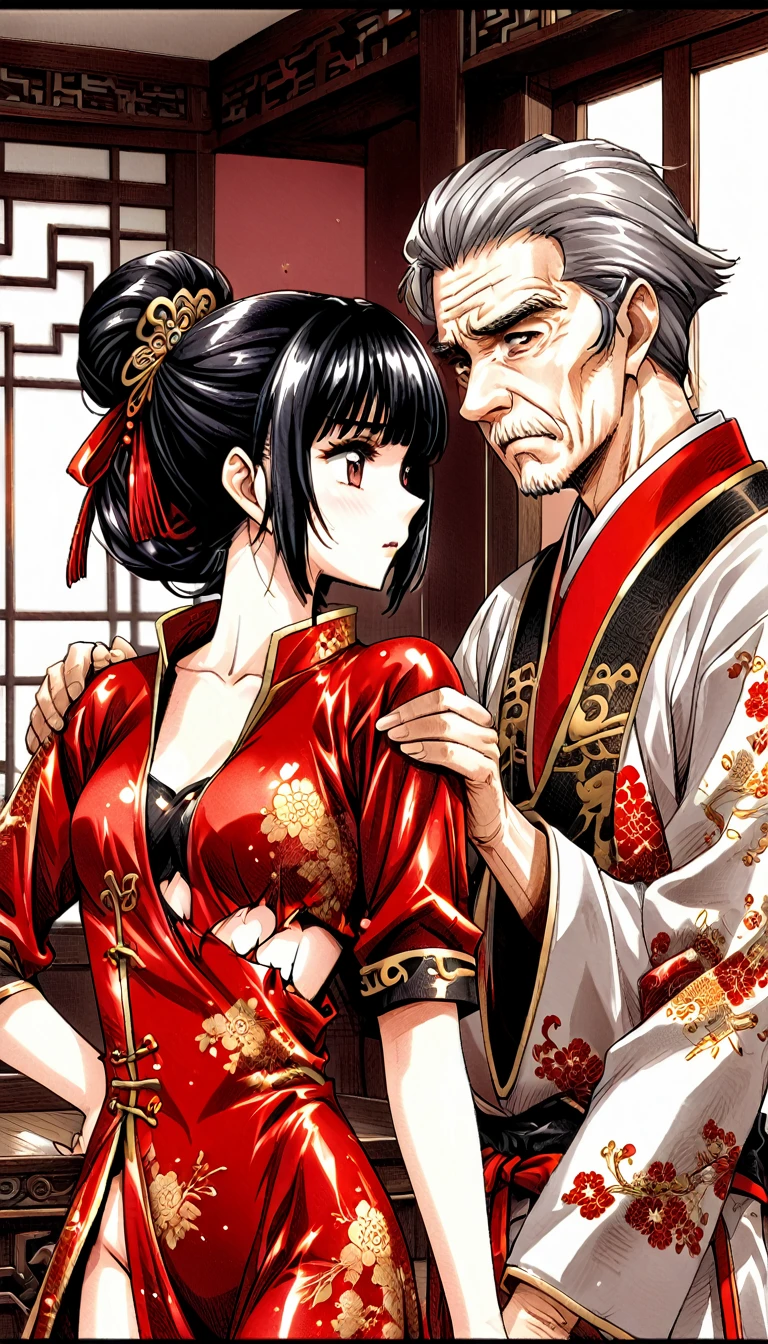 A tragic historical drama in 8k live-action style: Beautiful palace secrets　Beautiful  Chinese Kung Fu girl princess with short black hair has very rough unwanted sex with old man emperor　Gorgeous embroidery, Ultra glossy, She is wearing a shiny red top and bottom long sleeve floral kung fu suit....　　Her clothes were forcibly torn off by the old man, exposing her genitals.　