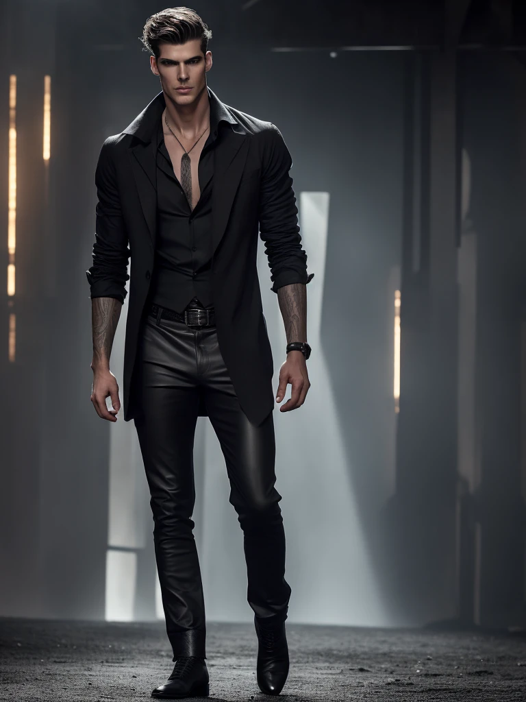 a tall and imposing man, around 1.90 meters tall. His body is slender and well defined, with outlined muscles. His angular face has a scar that runs diagonally from his right eyebrow to his left jaw. Its white eyes, without irises or pupils, emit a dull glow. Her black, wavy hair falls to her shoulders. On the left side of his chest, shadows stir and move, contrasting with his pale mottled skin. He wears dark, elegant clothes: a partially unbuttoned black linen shirt, fitted leather pants, and tall boots. His smile is seductive, but carries a veiled threat.