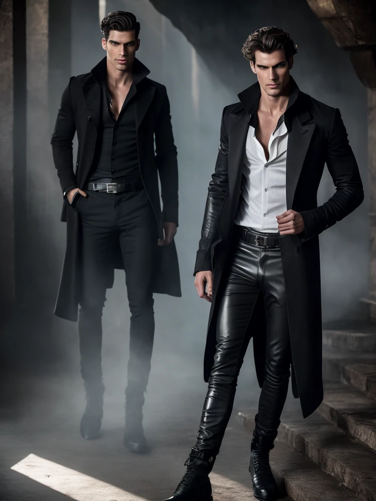 a tall and imposing man, around 1.90 meters tall. His body is slender and well defined, with outlined muscles. His angular face has a scar that runs diagonally from his right eyebrow to his left jaw. Its white eyes, without irises or pupils, emit a dull glow. Her black, wavy hair falls to her shoulders. On the left side of his chest, shadows stir and move, contrasting with his pale mottled skin. He wears dark, elegant clothes: a partially unbuttoned black linen shirt, fitted leather pants, and tall boots. His smile is seductive, but carries a veiled threat.