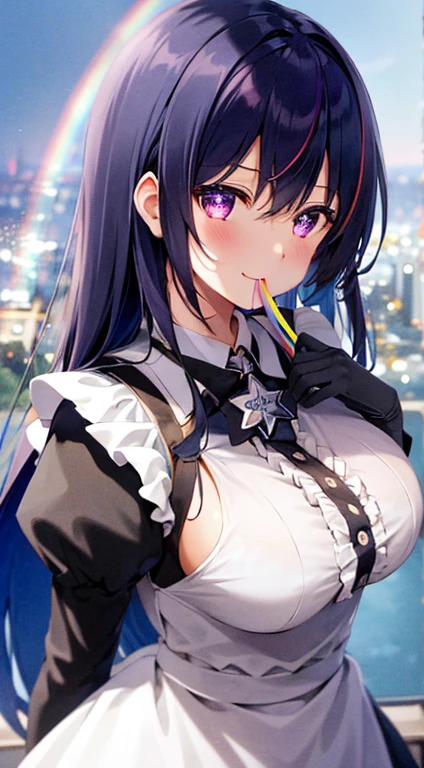 One Girl, (Ultra_detailed), (Depth of written boundary), Love , gloves, Mouth closed, Long Hair, star (symbol), View your viewers, (Rainbow Hair ), Purple eyes, Upper Body, hair ornaments, :p, Frills, Maid dress, smile, No sleeve, Maid, symbol pupils, fringe, star pupils, Maid caffe, Roaring years, isometric, From above, null, flower, cliff, Mid-chest, (Folded), (With low-cut top), Maid, city, Tokyo、Long black hair、Big Breasts