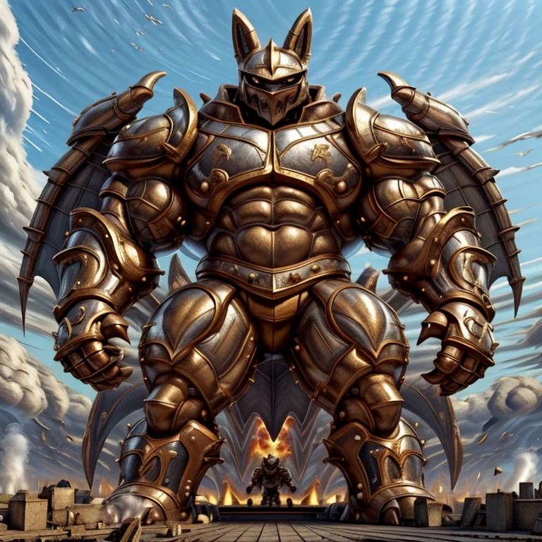 (masterpiece. official art. 8k. best quality. detailed full body. full body.)

(situation 1 : dominating Shiny_Mega_Lucario. Shiny_Mega_Lucario is over 1000 meters long. focus GIANT mechanical Muscular Shiny_Mega_Lucario is trampling the city. Looking down. macro. stomp. Low-angle perspective. emphasizing the immense size.)

(situation 2 :smoke and flames rising from the destruction in the city)

(Additional details 1: BlackKnight_fe. Armor. Cape. Helmet.. high-tech bio-mecha armor. real texture material. whole body shines like metal. Wearing cyberpunk mecha. emphasizes the muscles. suit fully made of metal. intricate armor. Robotic suit. suit fully made of metal. cyborg. Powered exoskeleton with the same design as Shiny_Mega_Lucario).

(Additional details 2: Detailed head. Detailed Body. Detailed abs. gigantic muscles. HYPER MUSCLES. Gigachad Muscular. big muscle. pecs. triceps. traps. unusually developed muscular body. body full of huge muscles. showing off muscles. pectorales enormes. Exaggeratedly huge muscles. huge muscles. long legs.).

(Additional details 3: nj5furry, Spread wings. It has wings. black have big wings. The claws are sharp. Sharp teeth.). 
