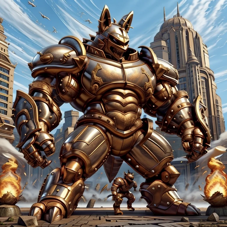 (Solo. masterpiece. official art. 8k. best quality. detailed full body. full body.)
(situation 1 : dominating Shiny_Mega_Lucario. Shiny_Mega_Lucario is over 1000 meters long. focus GIANT mechanical Muscular Shiny_Mega_Lucario is trampling the city. Looking down. macro. stomp. Low-angle perspective. emphasizing the immense size.)

(situation 2 :smoke and flames rising from the destruction in the city)

(Additional details 1: wearing a full-face helmet. golden armor. Armored Flazzard. Armored_Flazzard. high-tech bio-mecha armor. real texture material. whole body shines like metal. Wearing cyberpunk mecha. emphasizes the muscles. suit fully made of metal. intricate armor. Robotic suit. suit fully made of metal. cyborg. He is wearing a golden cloak.).

(Additional details 2: (Detailed head. Detailed Body. Detailed abs. gigantic muscles. HYPER MUSCLES. Gigachad Muscular. big muscle. pecs. triceps. traps. unusually developed muscular body. body full of huge muscles. showing off muscles. pectorales enormes. Exaggeratedly huge muscles. huge muscles. long legs.).

(Additional details 3: Spread wings. It has wings. have big wings. The claws are sharp. Sharp teeth).

(Additional details 4: golden hyper penis. hyper golden penis. big penis)