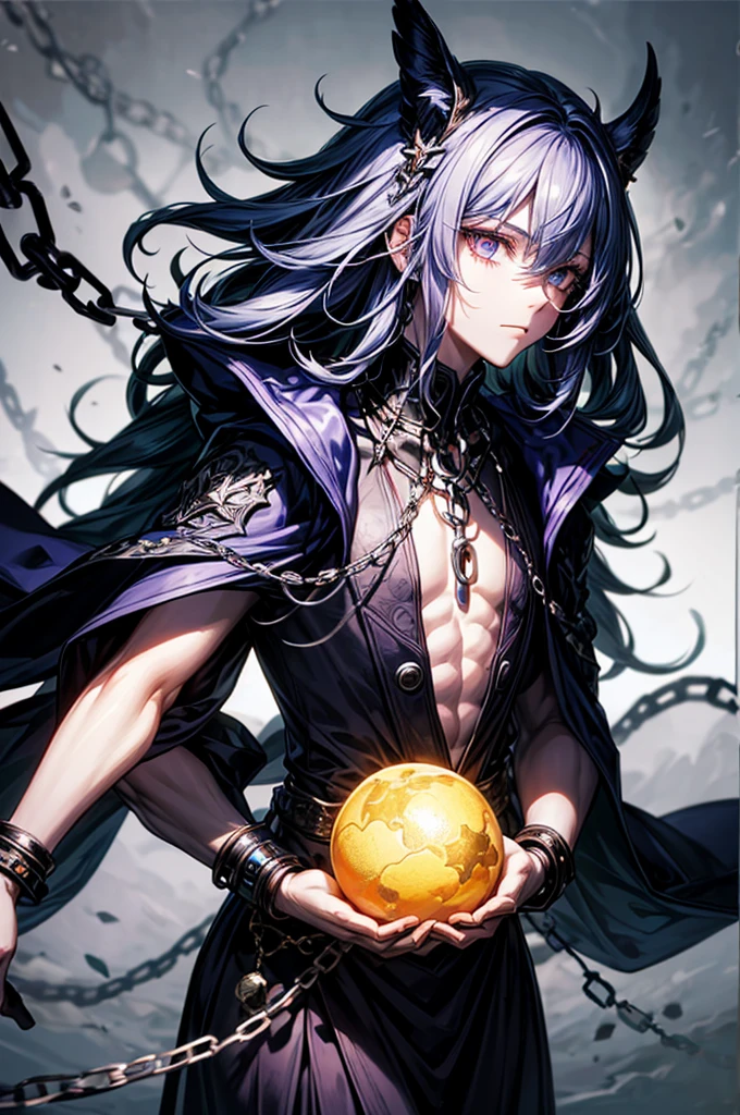 ((best quality)), ((masterpiece)), (detailed), god of destruction, godliness, destruction, chains, he controls chains, he is holding a sphere. He has dark clothing, purple, black. The sphere is dark and has chains going around it. The character is am male with a males face and clothes