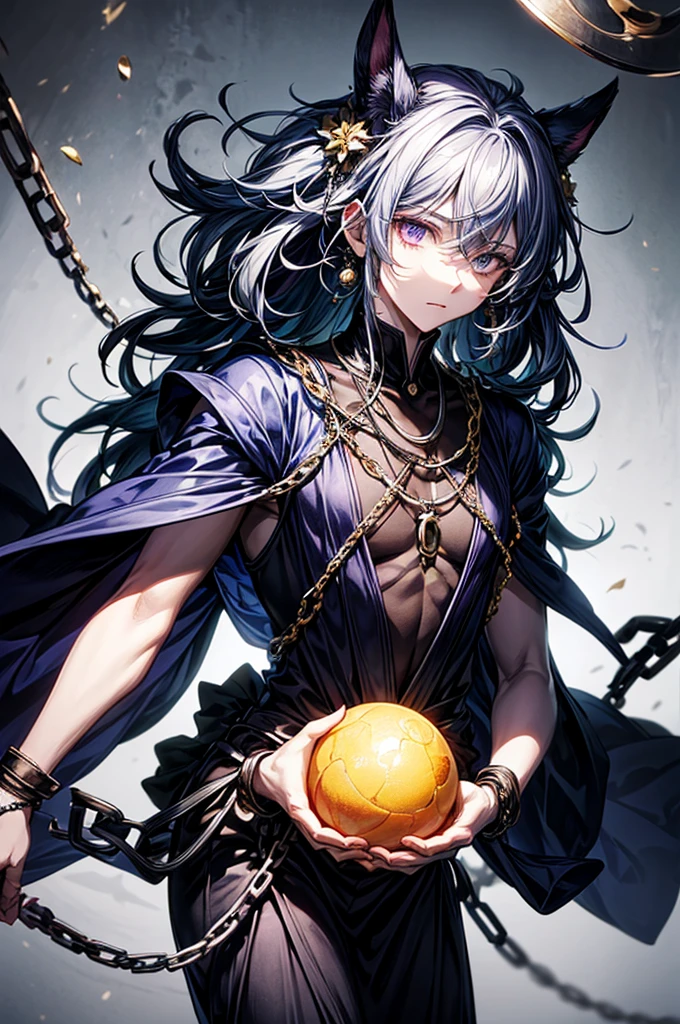 ((best quality)), ((masterpiece)), (detailed), god of destruction, godliness, destruction, chains, he controls chains, he is holding a sphere. He has dark clothing, purple, black. The sphere is dark and has chains going around it. The character is am male with a males face and clothes 
