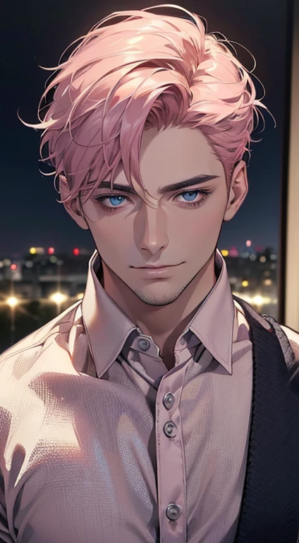 (best quality,4k,8k,highres,masterpiece:1.2),ultra-detailed,(realistic,photorealistic,photo-realistic:1.37),1 man,31 years old,mature man,very handsome,without expression,smile,short pink hair,blue eyes,penetrating gaze,perfect face without errors,imposing posture,businessman,office background,cinematic lighting,hdr image
