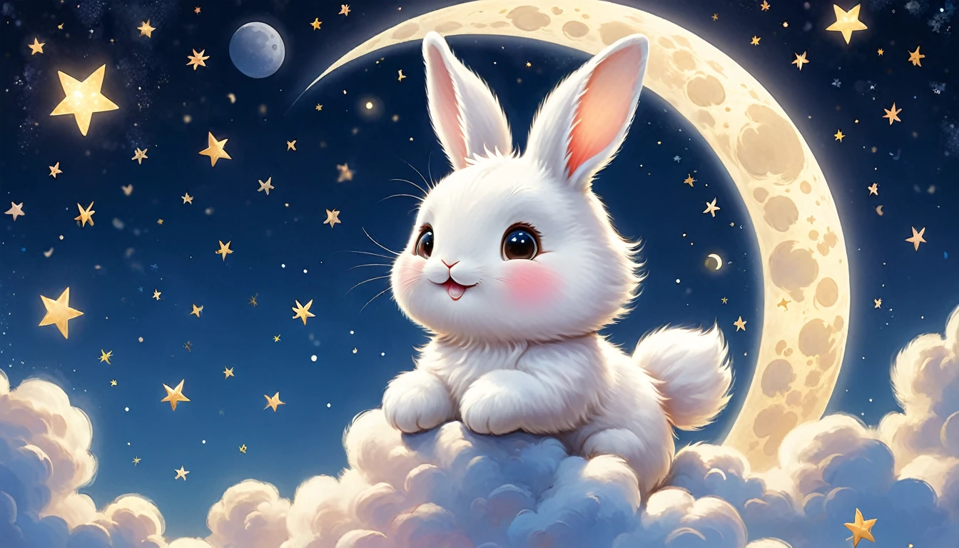 White rabbit flying in the sky(picture book style)Close-up of moon with round face behind its back 2.1(Theme pattern is centered), Lovely digital art, cute illustration, Moon Smiley Face with Cute Blush, Lovely digital painting, the Moon and stars,自然渲染漂亮柔和光影 dreamy illustration, illustration, to the moon, Playful and cute white rabbit.Moon and stars, illustration!, a beautiful artwork illustration, Lovely and detailed digital art, lovely artwork, author：Ni Duan, cute storybook illustration.a storybook illustration