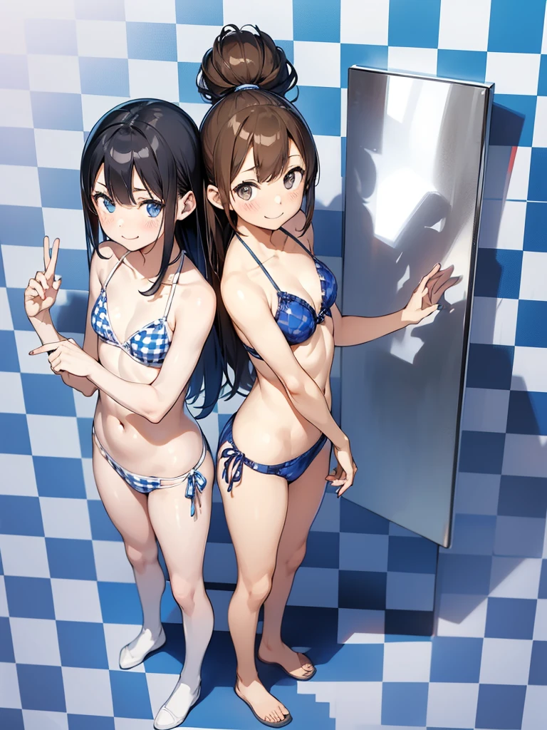masterpiece, best quality, 2girls, , (petite),
smile, standing, bikini, small breasts, (reinokabe, checkered wall, blue theme, english text, checkered background),