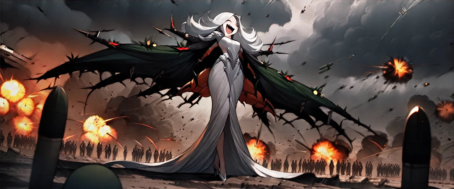 (((masterpiece,Highest quality))),(((A beautiful yet terrifying anime goddess of vengeance, laughing loudly in the air with her silver hair standing on end.))),((A battlefield with missiles and explosions flying around in a cloudy storm)),(Arms and legs spread),Focus on people,(high quality),アニメ,b3ks1n
