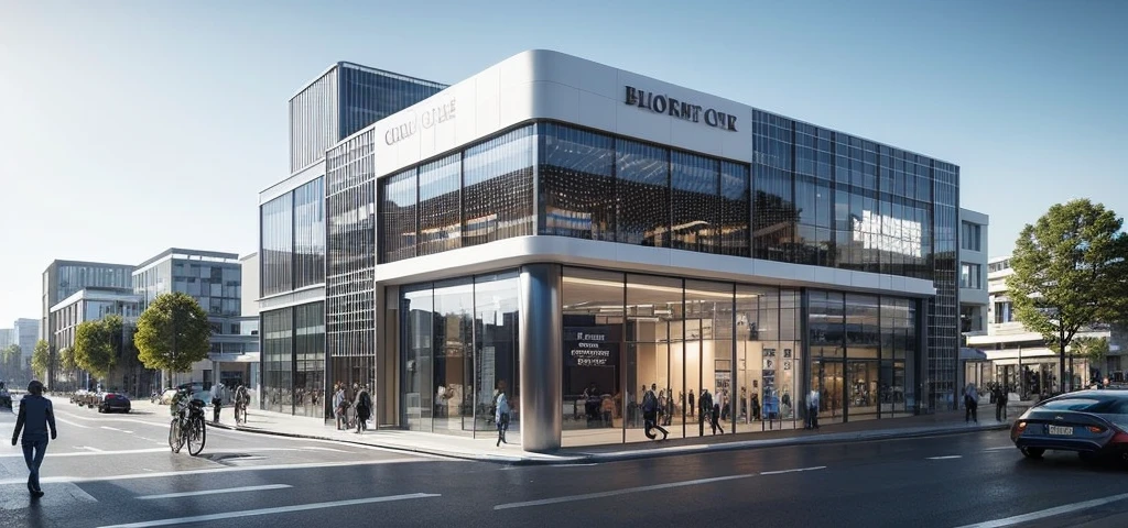 (Car showroom) The image depicts a busy city street with a large building and a bus stop nearby. The street is filled with traffic, including cars and a bus, moving in various directions. There are several people walking along the sidewalk, some of them carrying handbags. The scene captures the hustle and bustle of city life, with people going about their daily activities and vehicles navigating the streets.