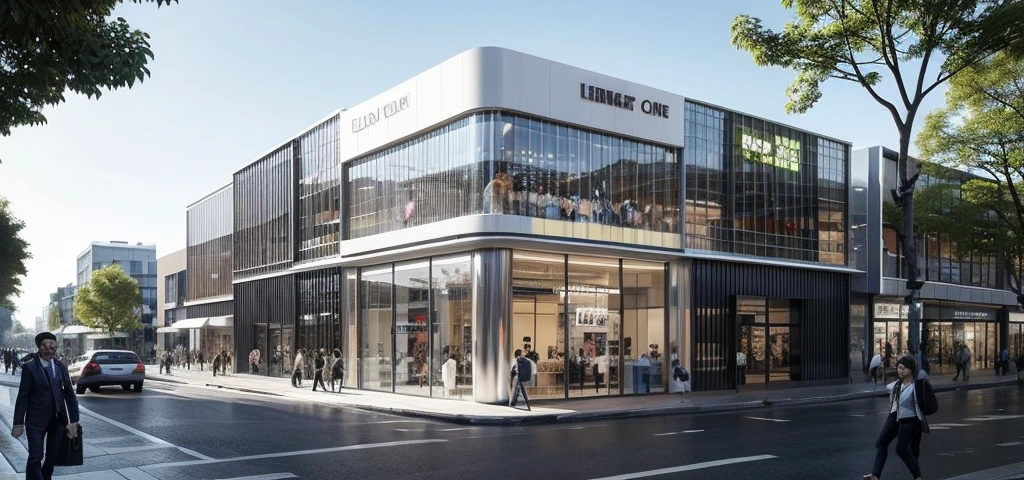 (Car showroom) The image depicts a busy city street with a large building and a bus stop nearby. The street is filled with traffic, including cars and a bus, moving in various directions. There are several people walking along the sidewalk, some of them carrying handbags. The scene captures the hustle and bustle of city life, with people going about their daily activities and vehicles navigating the streets.