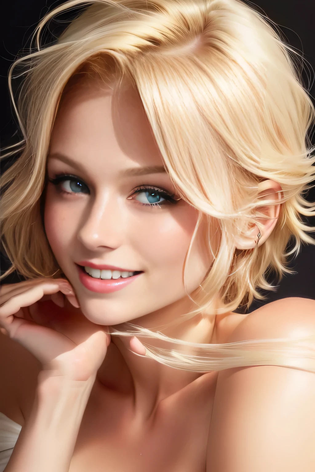 blond woman smiling at the camera, nina tryggvadottir, color portrait, taken in the mid 2000s, detailed color portrait, taken in the late 2000s, photo of a woman, probably in her 30s, nina masic, in her early 3 0, colour portrait photograph. Short blonde hair. Short wavy hair. Short bleach blond hair, perfect green eyes. (((Bare shoulders, bare neck, cnaked, nude))). BIBC.