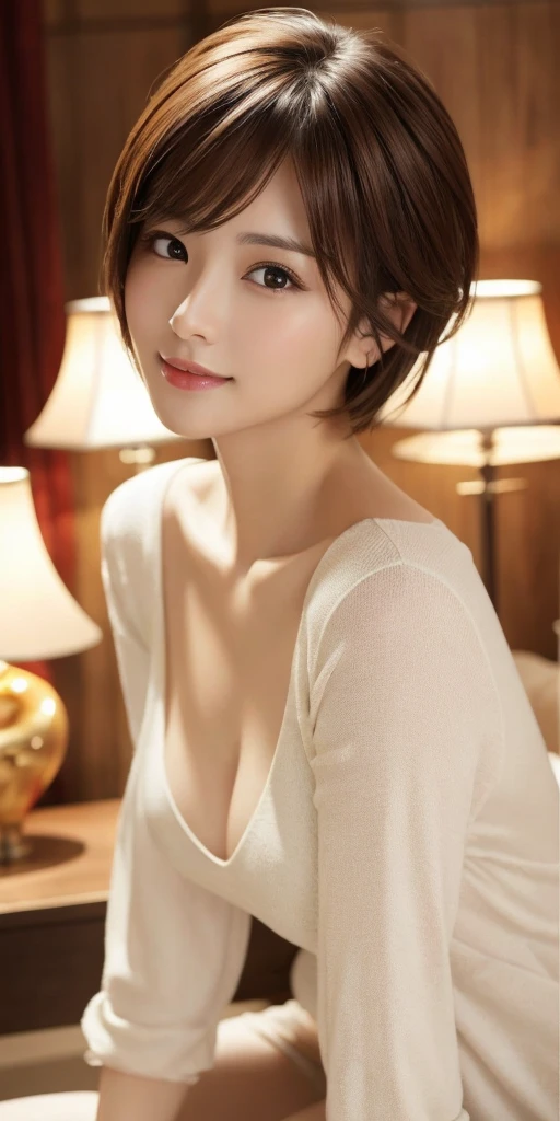 masterpiece、Highest quality、High resolution、Tabletop、wallpaper、Realistic、Bright lighting、Professional Lighting、Face Light、Smooth lighting、Japanese women、Adult、Beautiful woman、action、gravure、sexy、poor、so beautiful、Beautiful Skin、Beautiful and exquisite、Detailed face、slim、moderately、short hair、Brunette colored hair、Brown eyes、Looking at the camera、I have a sax