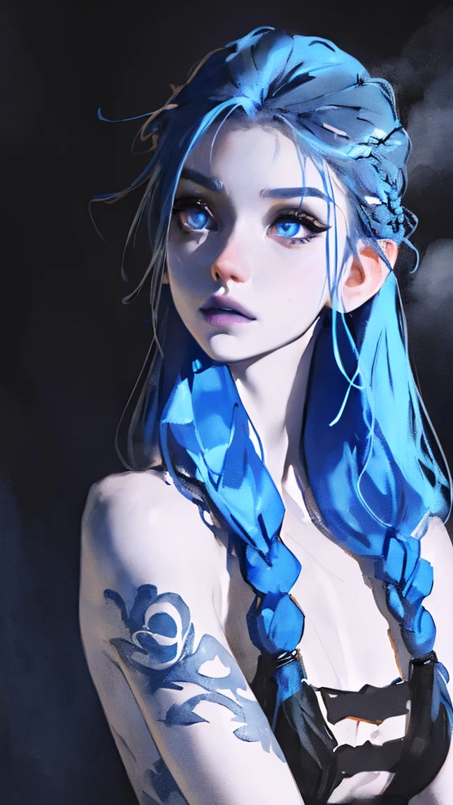 ARCJINXANE_V3,(BLUE EYES, BLUE HAIR, PALE SKIN, LONG TWIN BRAIDS,SIDE BANG, SKINNY, MUSCULAR, BLUE CLOUD TATTOO:1.4),(solo:1.4), (matte skin, skin pores), 21 years old, (realistic:1.3), finely detailed, quality, (masterpiece:1.2), (photorealistic:1.2), (best quality), (detailed skin:1.3), (intricate details), dramatic, ray tracing, photograph, Bathed in shadows, Visual novel, Hopeful, Moonlight, film grain, Kodak gold 200, Depth of field 100mm, Flickr, (spotlight, dim lighting, (fog))