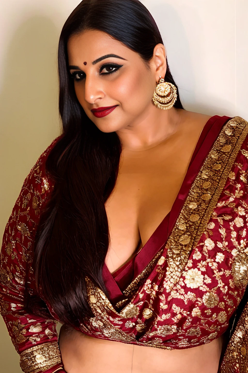 Visualize an alluring artwork featuring a character reminiscent of Vidya Balan, embodying a confident, plus-size MILF exhibitionist with small breasts. She exudes an irresistible charm, draped in a lingerie set crafted from liquid satin, its shiny texture enhancing her curves and radiance. The ensemble includes a provocative teddy with intricate straps and a crotchless design, perfect for sensual play.

The artwork tastefully highlights the "large canal between the two breasts," emphasizing its contours with the lustrous fabric's reflection and subtle shadows. The character stands in a relaxed posture that defies conventional norms, exuding a blend of confidence and sensuality. Her expression conveys empowerment and allure, captivating viewers with her playful demeanor and bold choice of attire.