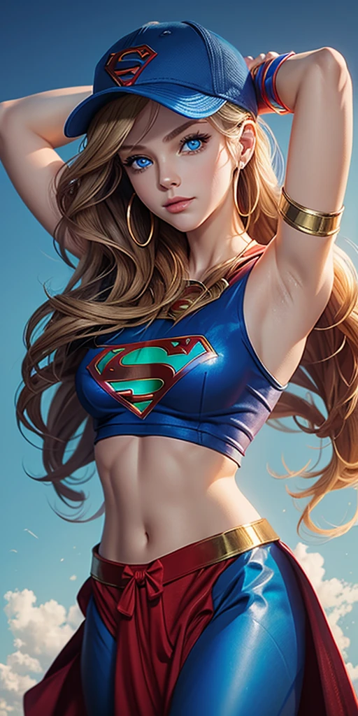 The character Supergirl , perfect costume in the red and blue colors, sweat pants, extremely beautiful blue eyes, gorgeous blond hair