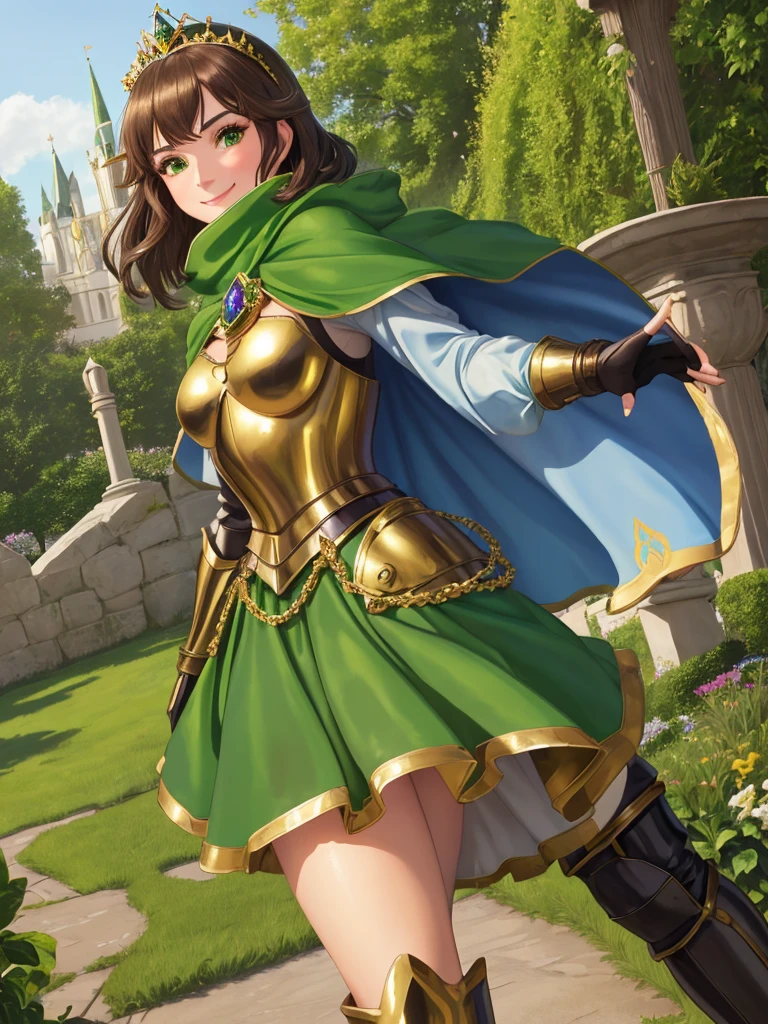 masterpiece, best quality:1.2), 1girl, smile, looking at viewer, green eyes, short brown hair, princess, armor, armored dress, green cloak cape, wearing puffy blue ballgown skirt, golden tiara with green gem, armored boots, fingerless gloves, stading in medieval garden