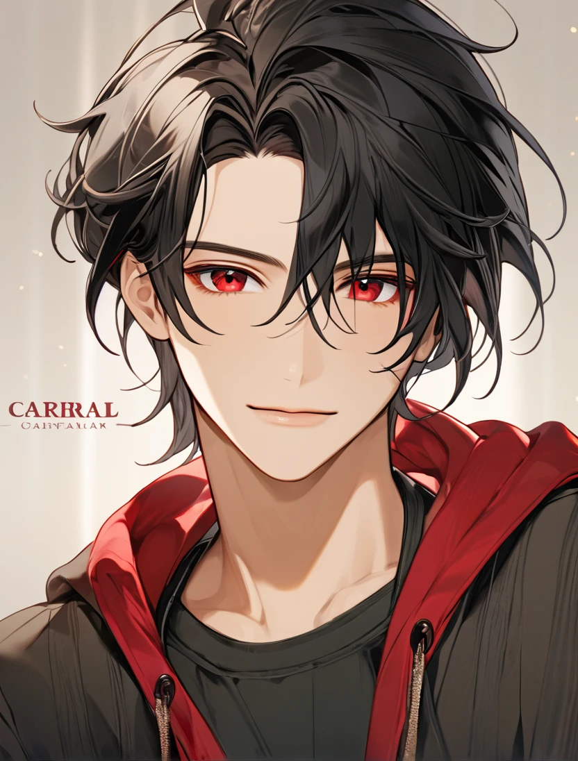 (Black_Hair), (red_ruby_eyes), (Handsome), (attractive), (male), (close_up_shot), (detailed_eyes), (detailed_hair), (clean_hair), (carefree_expression), (vertical_pupils), (peaceful_atmosphere), (jawline), 