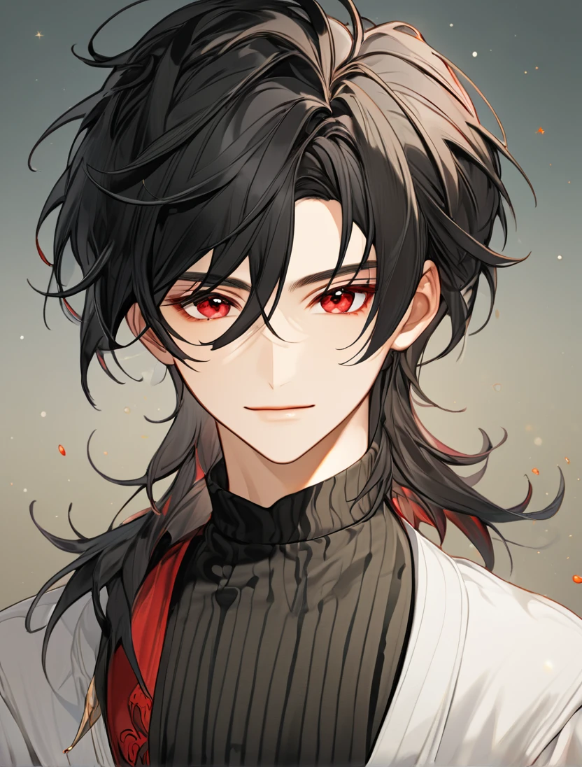 (Black_Hair), (red_ruby_eyes), (Handsome), (attractive), (male), (close_up_shot), (detailed_eyes), (detailed_hair), (clean_hair), (carefree_expression), (vertical_pupils), (peaceful_atmosphere), (jawline),
