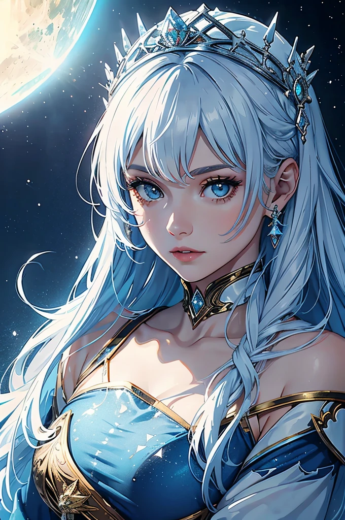 `an ice queen in a kingdom (((zooey deschanel))),((blue hair)),with the sun in the background, high definition, rich in details`