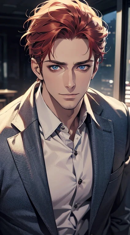 (best quality,4k,8k,highres,masterpiece:1.2),ultra-detailed,(realistic,photorealistic,photo-realistic:1.37),1 man,31 years old,mature man,very handsome,without expression,smile,short red white hair,blue eyes,penetrating gaze,perfect face without errors,imposing posture,businessman,office background,cinematic lighting,hdr image