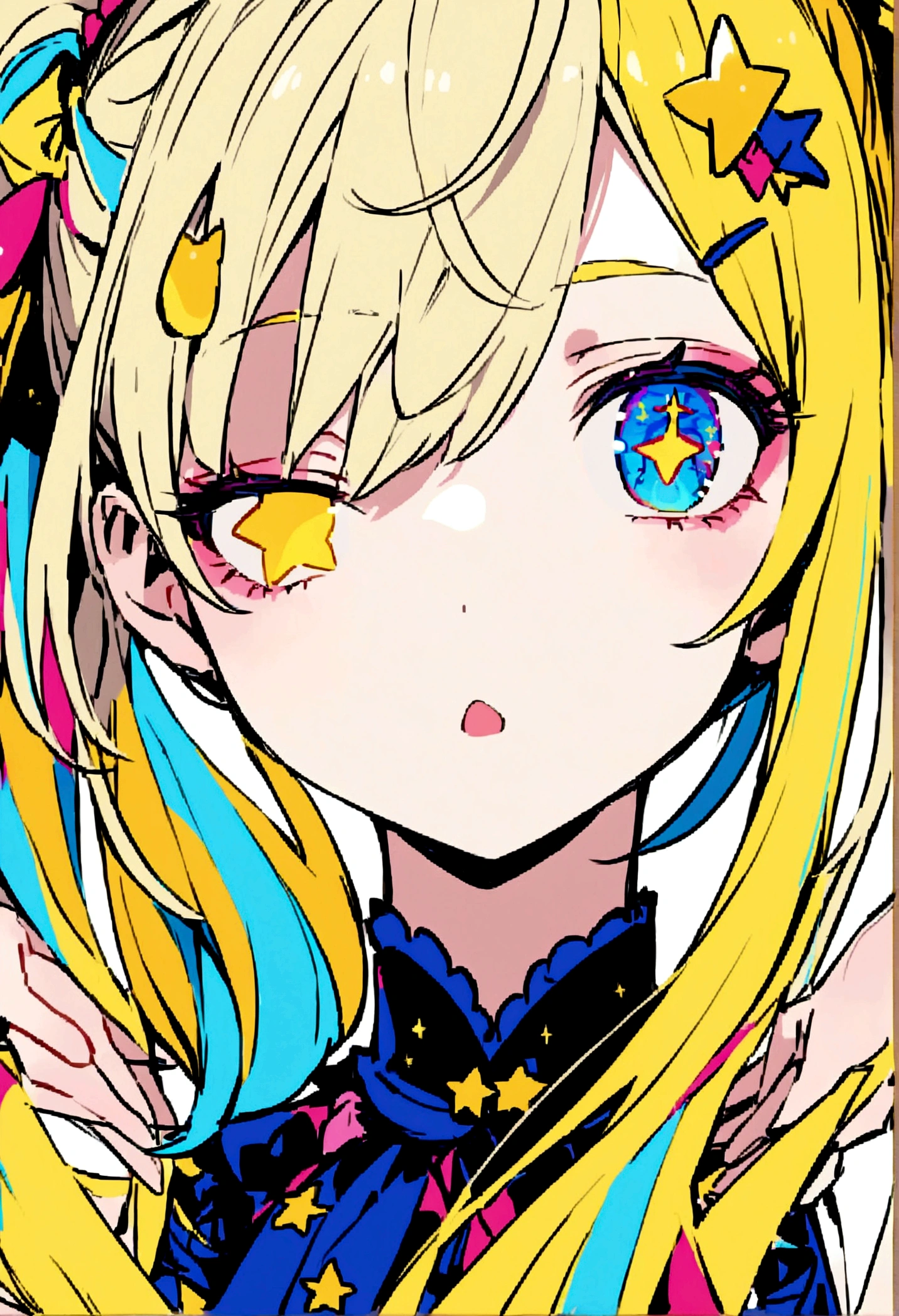 Yellow Hair、Ponytail on the right、Cat ear、Right eye is blue、Left eye is yellow、Odd Eye、Stars in the eyes、Double Peace、Star hair ornament、Girl