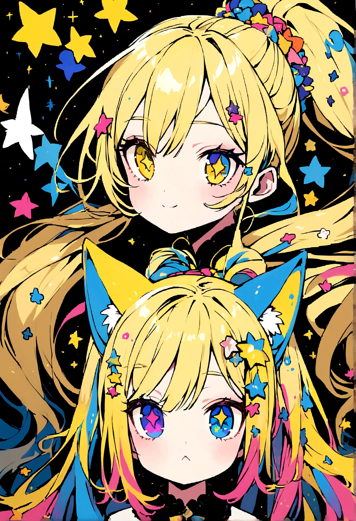 Yellow Hair、Ponytail on the right、Cat ear、Right eye is blue、Left eye is yellow、Odd Eye、Stars in the eyes、Double Peace、Star hair ornament、Girl