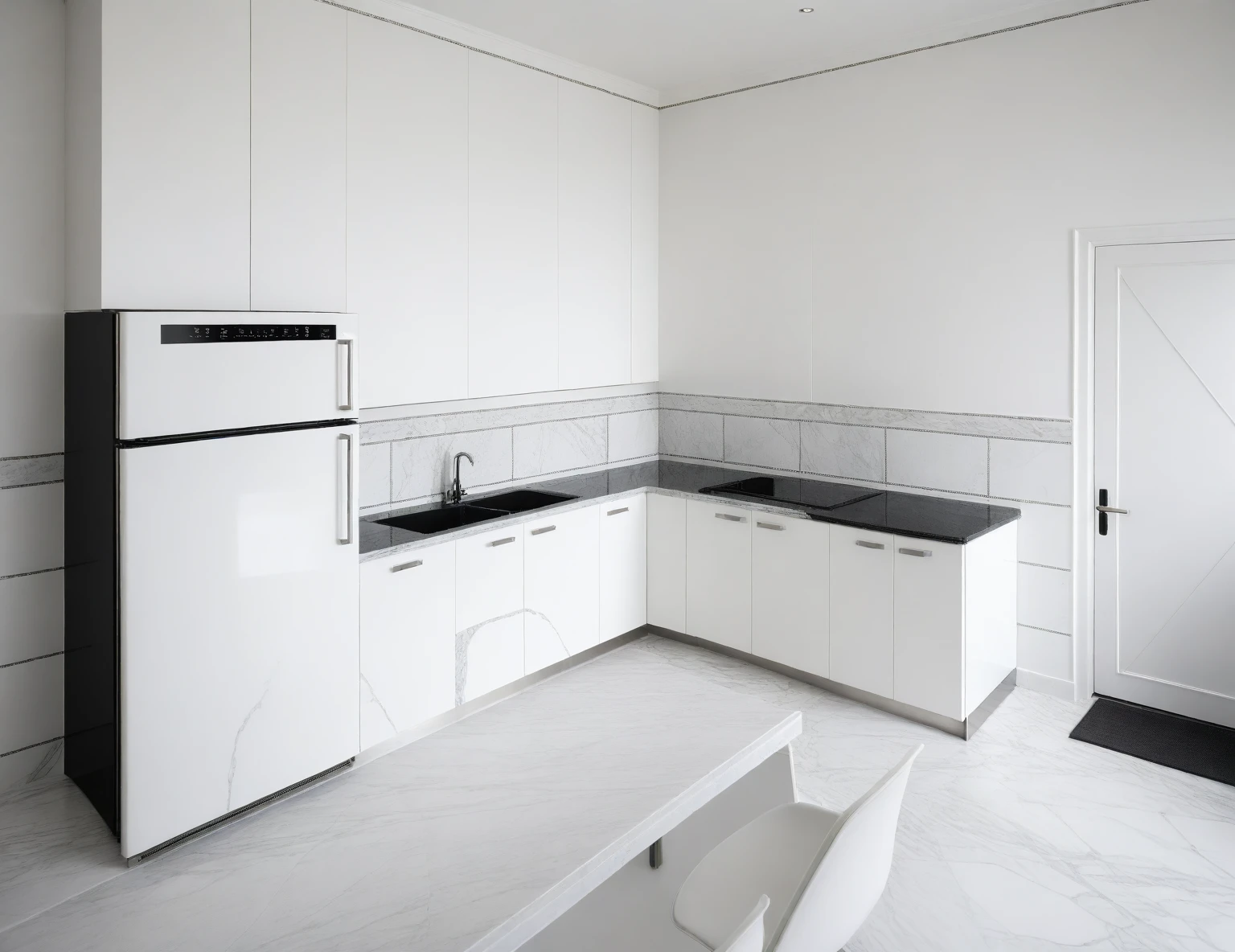 Raw photo,Masterpiece, high quality, best quality, authentic, super detail,
indoors, interior , ((kitchen and dining :1.3)), modern style, daylight, (WHITE WALL),luxury, marble tile floor, fridge, black stone counter top, tiling wall