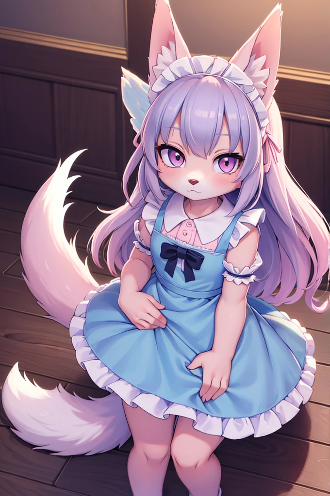 ((best quality)), ((masterpiece)), (Detailed) wolf girl and fox girl, baby blue maid dress, pink maid dress, Skirting board