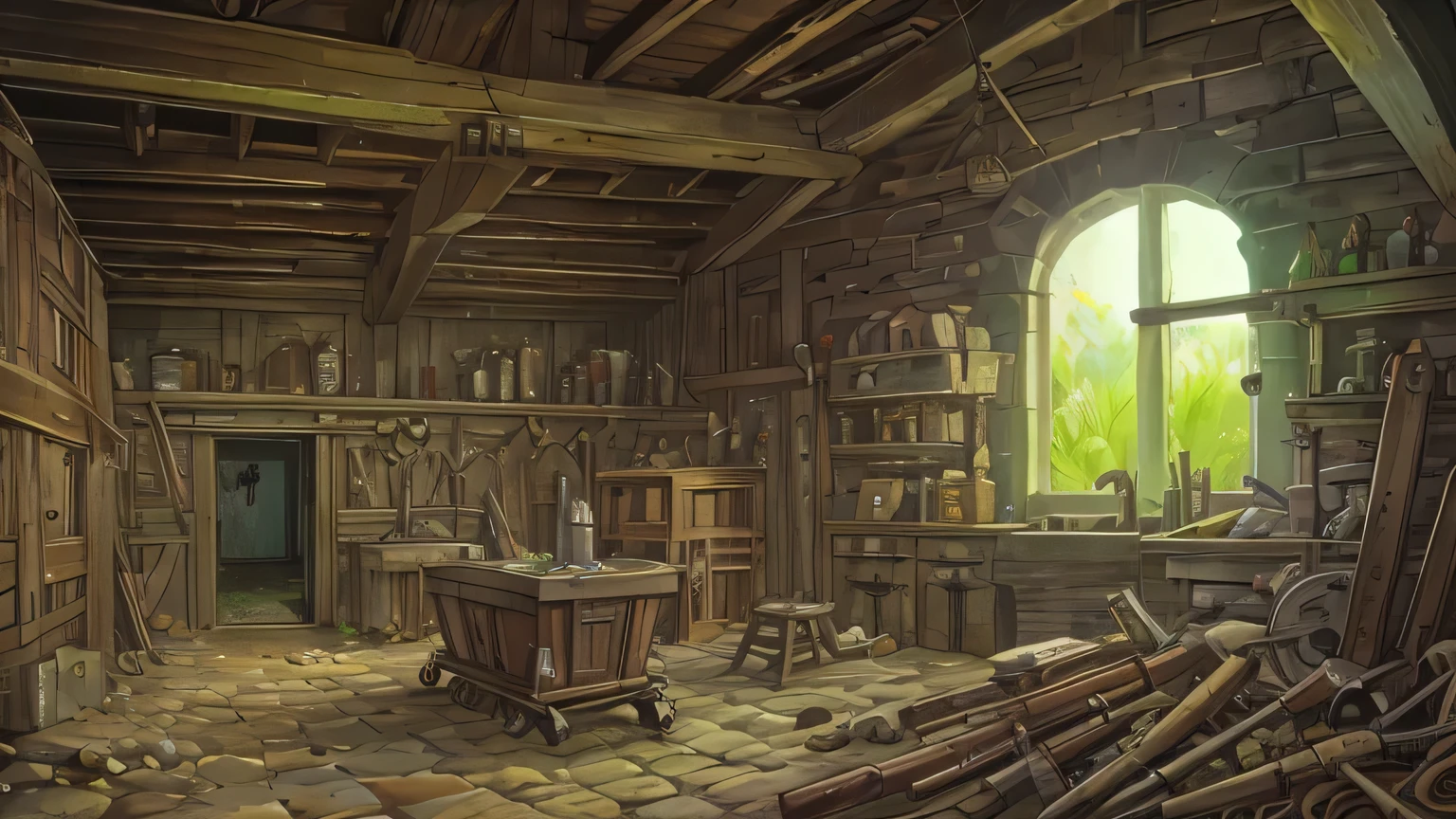 an abandoned mine where stones were mined, Fantasy, outside are tools and mine carts