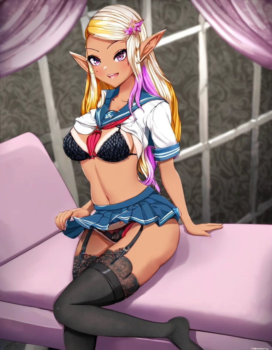 BREAK Perfect Anatomy、(High resolution:1.2)、Incredible illustrations、(Cute illustrations:1.2)、(Beautiful background)(nsfw) (Beautiful background,(on the couch))1gial((multicolored hair,wavy long hair)(cockslut)(school uniform,skirt,Silk Sexy Lingerie,slut,garter straps,,pointy ears,bikini tan:1.7),(a girl, height 1.5meters, 40kg),,17-year-old,flat chest)((undressing,open clothes,oversized clothes))