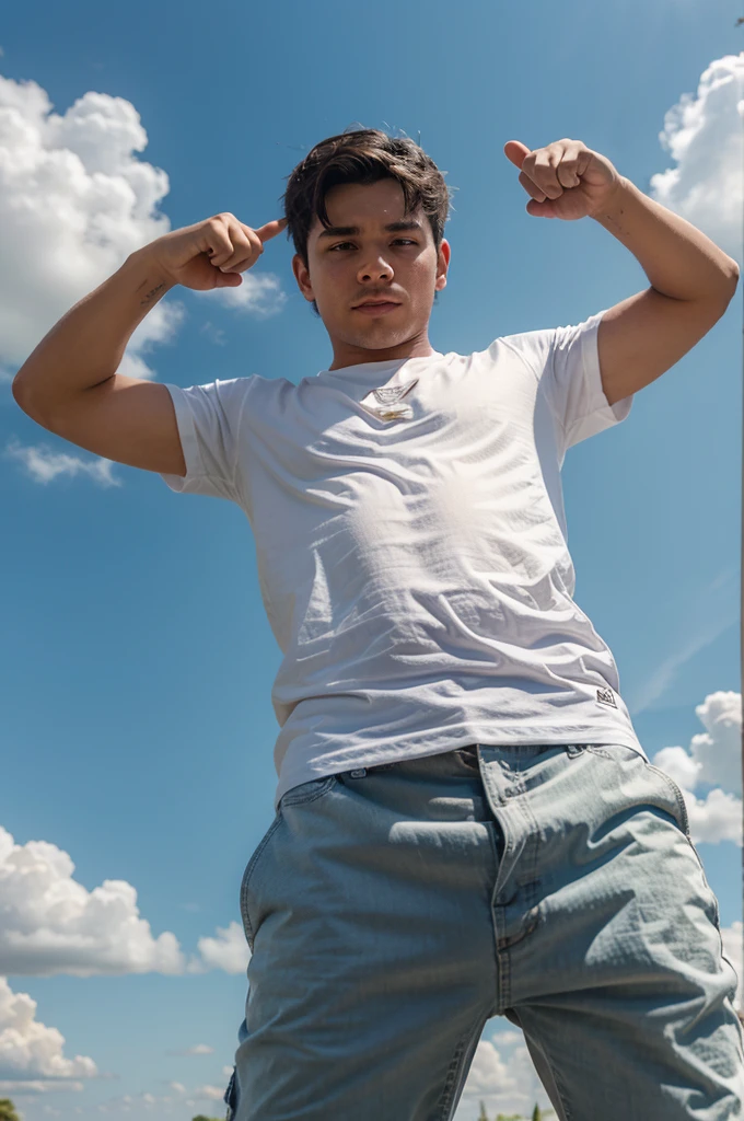show boy pointing his fore finger up to the sky