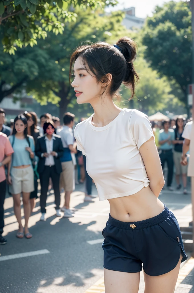 (((best quality))),(((ultra detailed))),(((masterpiece))),illustration,((1 beautiful girl,solo)),((slim,thin)),((small breasts,flat chest)), outside school gate, summer twilight, sunlight,(short ponytail:1.3),((white short-sleeved shirt)),((clavicalis,navel)),((navy blue sports shorts,slender legs)),animated face, excited eyes, sounds of laughter, chatter, excitement of summer vacation, air filled with energy, school gate golden glow, symbol of end of academic year, schoolyard transformed, reunion, farewells, embracing setting sun, face illuminated, moment captured, fleeting instant, essence of summer, carefree spirit, youthful exuberance, embodiment of season, sun dips, rosy glow, joy of living,promise of adventures,((standing,from front,upper body)),(surrounded by crowded crowds:1.3)