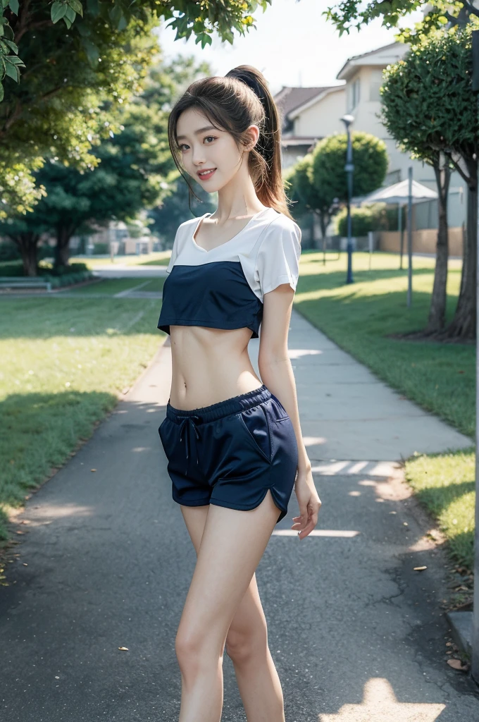 (((best quality))),(((ultra detailed))),(((masterpiece))),illustration,((1 beautiful girl,solo)),((slim,thin)),((small breasts,flat chest)), outside school gate, summer twilight, sunlight,(short ponytail:1.3),((white short-sleeved shirt)),((clavicalis,navel)),((navy blue sports shorts,slender legs)),animated face, excited eyes, sounds of laughter, chatter, excitement of summer vacation, air filled with energy, school gate golden glow, symbol of end of academic year, schoolyard transformed, reunion, farewells, embracing setting sun, face illuminated, moment captured, fleeting instant, essence of summer, carefree spirit, youthful exuberance, embodiment of season, sun dips, rosy glow, joy of living,promise of adventures,((standing,from front,upper body)),(surrounded by crowded crowds:1.3)
