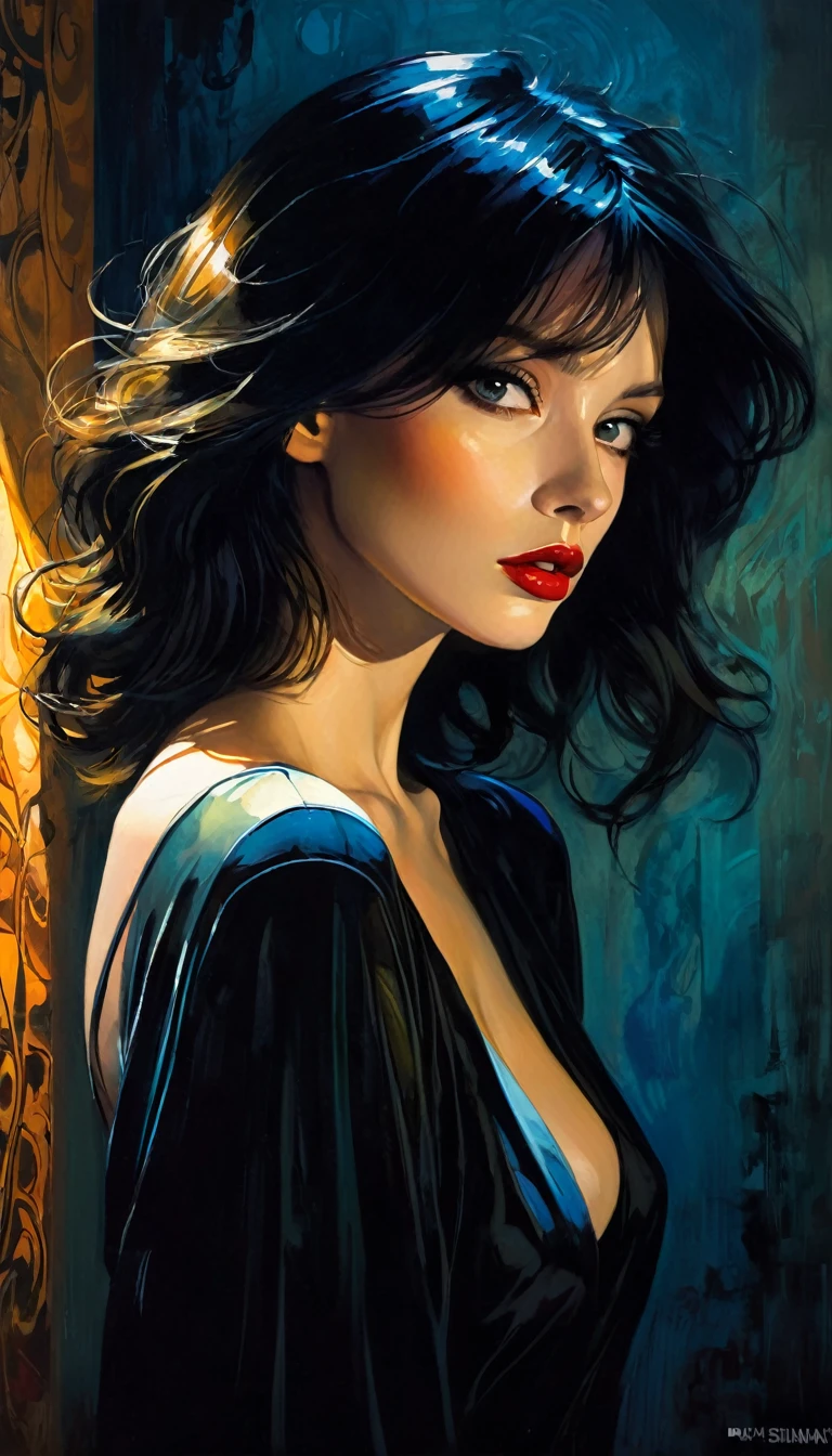 The art of seduction (art inspired in Bill Sienkiewicz). oil painting) (best quality,4k,8k,highres,masterpiece:1.2),ultra-detailed,(realistic,photorealistic,photo-realistic:1.37),intricate details,vivid colors,sharp focus,professional,Dave McKean artwork, oil touch of surrealism,oil painting style,portrait,woman,beautiful detailed eyes,beautiful detailed lips,dreamlike atmosphere,shadow play,soft lighting,playful pose,minimalist room,dark hues,ethereal background,fantasy elements,texture,layered composition.