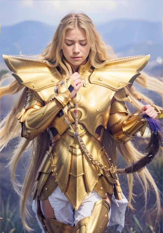Ultra realistic, 8k, uhd, photorealistic, masterpiece, insane details, insane definition, skin texture, gold texture, a beautiful boy of 20 years old, golden decourated armor, blonde long hairs, closed eyes