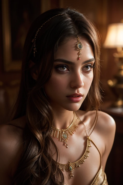 a beautiful goddess of lust, sensual expression, detailed facial features, mesmerizing eyes, luscious lips, flowing hair, intricate jewelry, translucent flowing dress, dramatic lighting, cinematic composition, moody atmosphere, ethereal and otherworldly, masterpiece, 8k, photorealistic, dramatic colors, chiaroscuro lighting