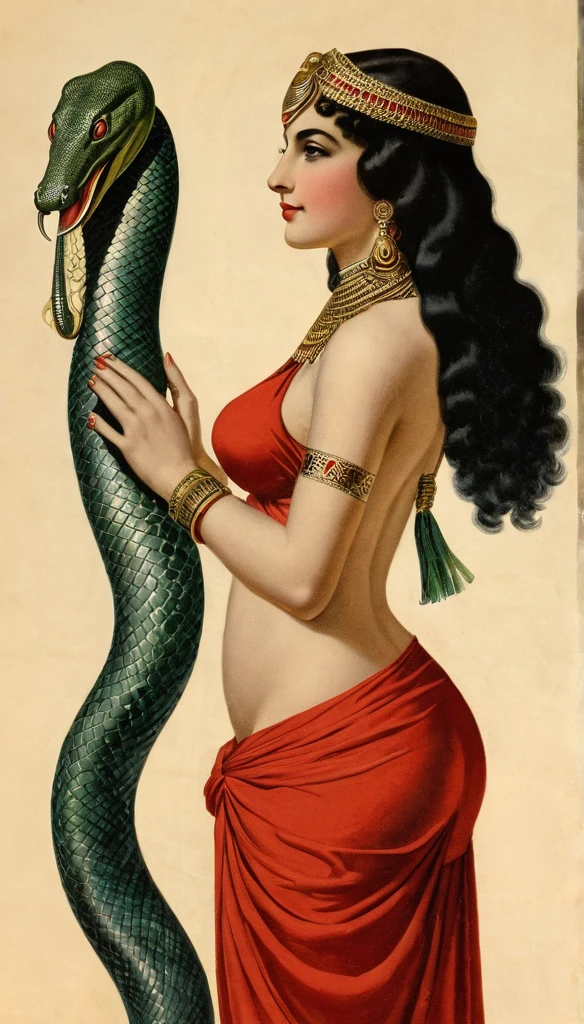 Femme égyptienne, corps sexy, a l'Égypte antique, avec une très forte poitrine, a la peau de serpent, dans un temple égyptien, porte une robe rouge et maron couleur sable, moule le corps, vêtements transparent, femme avec de long cheveux raide noirs orné de nombreux bijoux,  la femme est très enceinte de serpent, sa poitrine est gonflé de lait, la femme a des crochets de serpent visible lorsqu'elle sourit, la femme a des yeux doré a pupilles reptilienne, la femme et une femme serpent