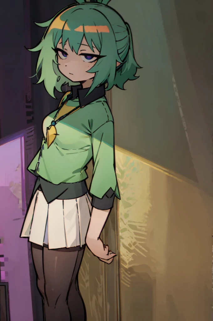 Female, 1girl, solo, green hair, purple eyes, short ponytail,Green rabbit ears,A black short-sleeved open-breasted shirt with a white collar, a white skirt, black socks, a yellow crescent-shaped necklace,office background