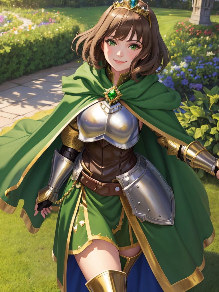 masterpiece, best quality:1.2), 1girl, smile, looking at viewer, green eyes, short brown hair, princess, armor, armored dress, green cloak cape, wearing puffy blue ballgown skirt, golden tiara with green gem, armored boots, fingerless gloves, stading in medieval garden