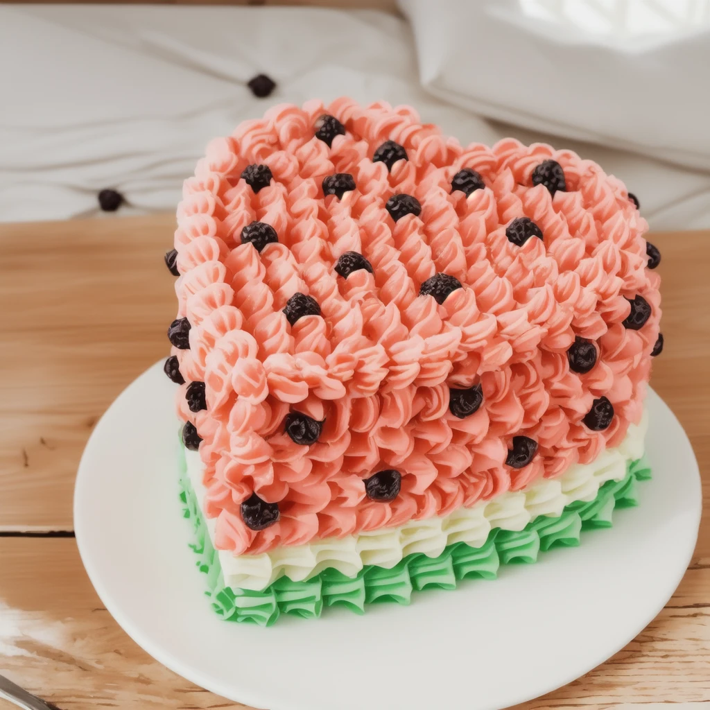 on a black background, a cream cake in the form of a heart, in shape of watermelon, the lower part of the cake is made of green cream whirls, reproduces the texture of a watermelon, a cream layer of fresh, juicy white m'yakotia. The top layer consists of red cream, on top of which watermelon seeds are poured, made of polymer clay, window light, bright lights, soft light, window light, professional lighting, light from the window, neat light, realistic texture, realistic style, detailed texture, high quality, high resolution, high quality rendering, realistic photo, brightning light, macro photo

