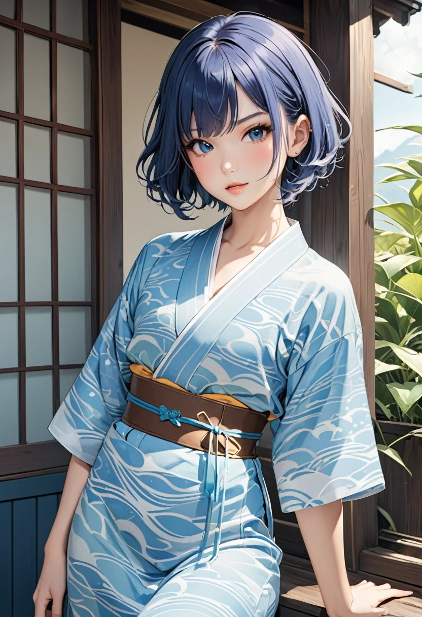 (fashion magazine gravure:1.3),(masterpiece, best quality:1.1),A gravure photo of a girl from the Edo period, with a model posing in a light-blue color yukata,wave pattern yukata,open yukata,Steampunk,model posing,summer,whole body,BREAK.(tween,detailed face,(darkblue wavy-short hair),eyebrows),