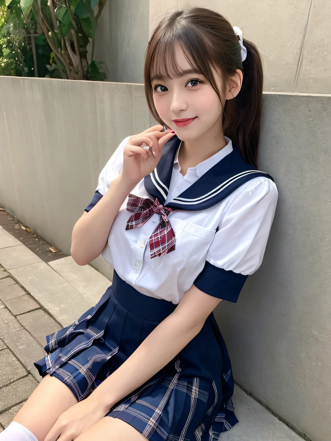 Tabletop、Highest quality、figure、 Super detailedな、High resolution、8k wallpaper、Perfect dynamic composition,、Beautiful attention to detail、Natural color lip、Bold sexy pose、smile、15-year-old girl、cute、sexy shot looking at camera、(Highest quality: 1.3), (masterpiece: 1.3), (Super detailed: 1.3), (wallpaper, One Girl: 1.1), (Detailed hands and fingers:1.2)、(Ultra-oily, lustrous skin with attention to detail:1.1)、Oily shiny knee socks、(The perfect school girl uniform:1.3)、Sailor suit with red ribbon、(Beautiful small breasts:1.3)、(Red checkered mini skirt:1.2)、Sit with your legs apart、Brown Hair、short hair、ponytail、Beautiful sister、Pink wall