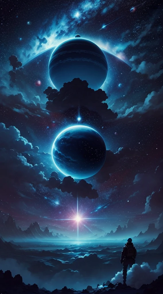 space with all the planets blue and pink colour with bright white stars  background in the style of Miyazaki, in the middle of big war