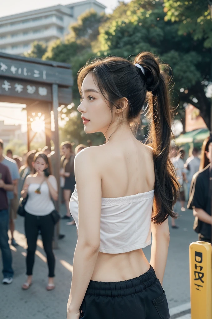 (((best quality))),(((ultra detailed))),(((masterpiece))),illustration,((1 beautiful girl,solo)),((slim,thin)),((shoulder off,strapless,bare back,towering hips,butt crack)), outside school gate, summer twilight, sunlight,(short ponytail:1.3),((white short-sleeved shirt)),((clavicalis,navel)),((navy blue sports shorts,slender legs)),animated face, excited eyes, sounds of laughter, chatter, excitement of summer vacation, air filled with energy, school gate golden glow, symbol of end of academic year, schoolyard transformed, reunion, farewells, embracing setting sun, face illuminated, moment captured, fleeting instant, essence of summer, carefree spirit, youthful exuberance, embodiment of season, sun dips, rosy glow, joy of living,promise of adventures,((standing,from back,upper body)),(surrounded by crowded crowds:1.3)