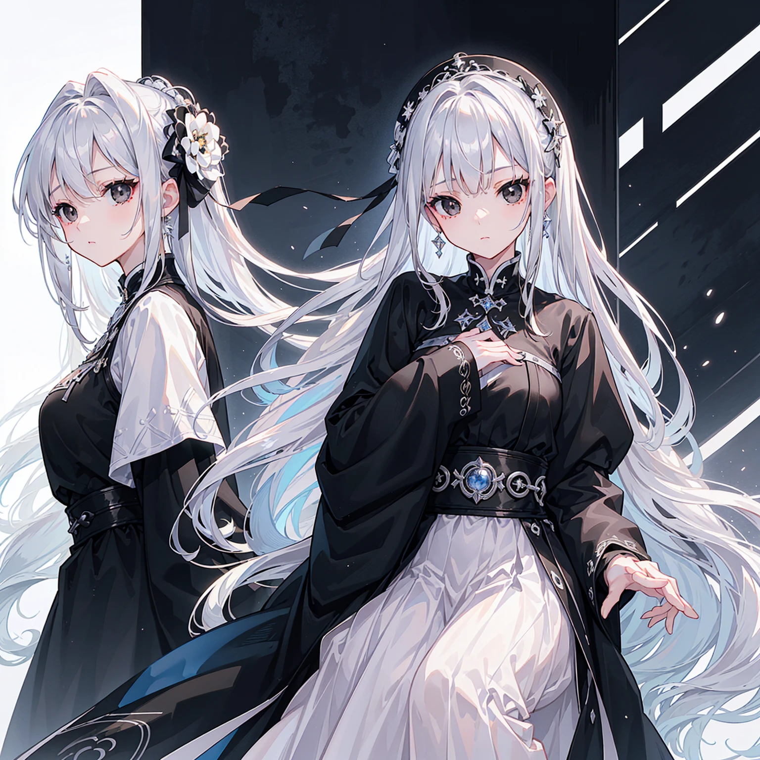 (Top image quality)、(Ultra Detailed)、(Facing forward)、top quality、masterpiece、((((1 girl))))、Silver Hair、white hair、((Long hair))、(black eyes:1.6)
