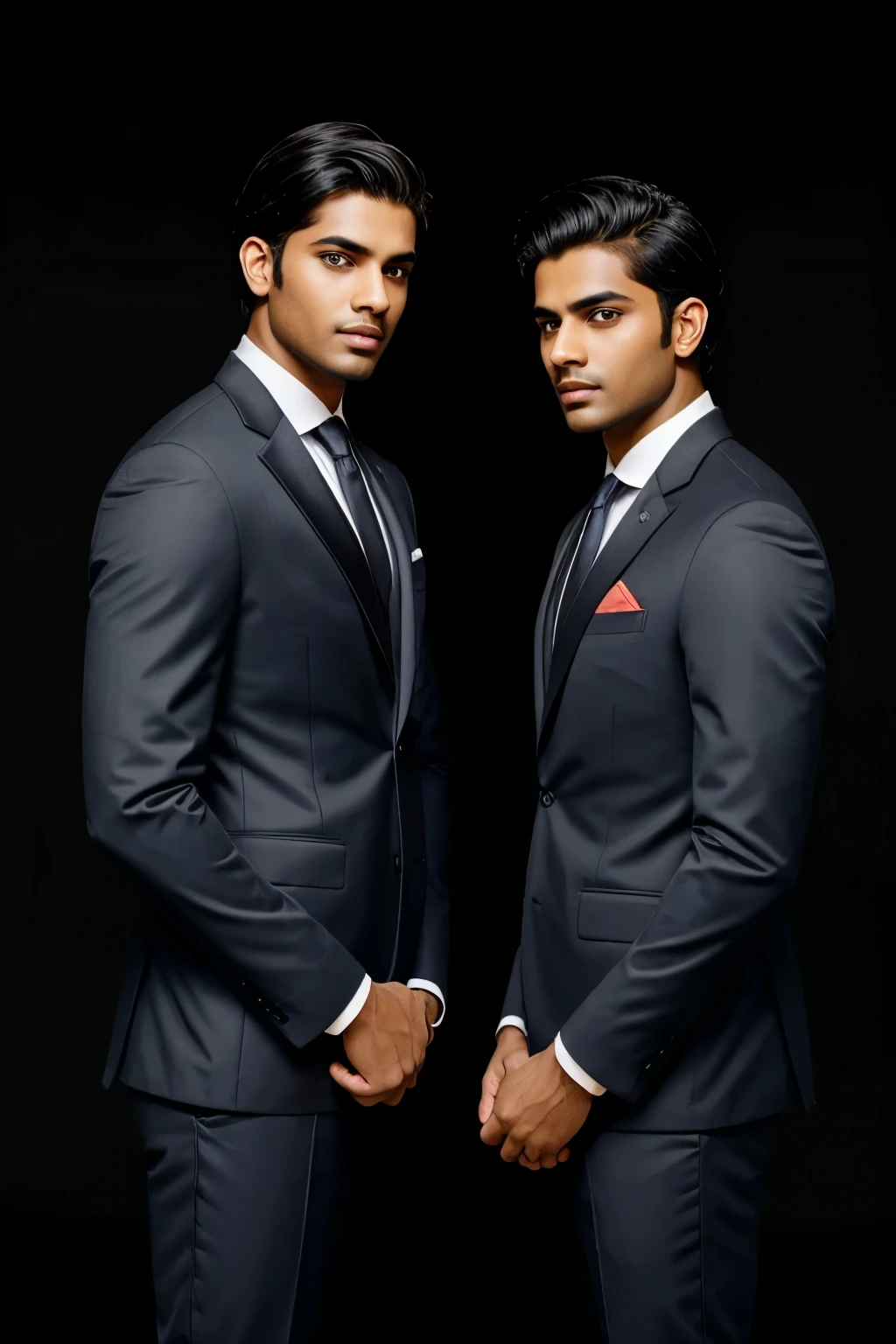 Indian twin identical men, fair skin wearing suit, black background 