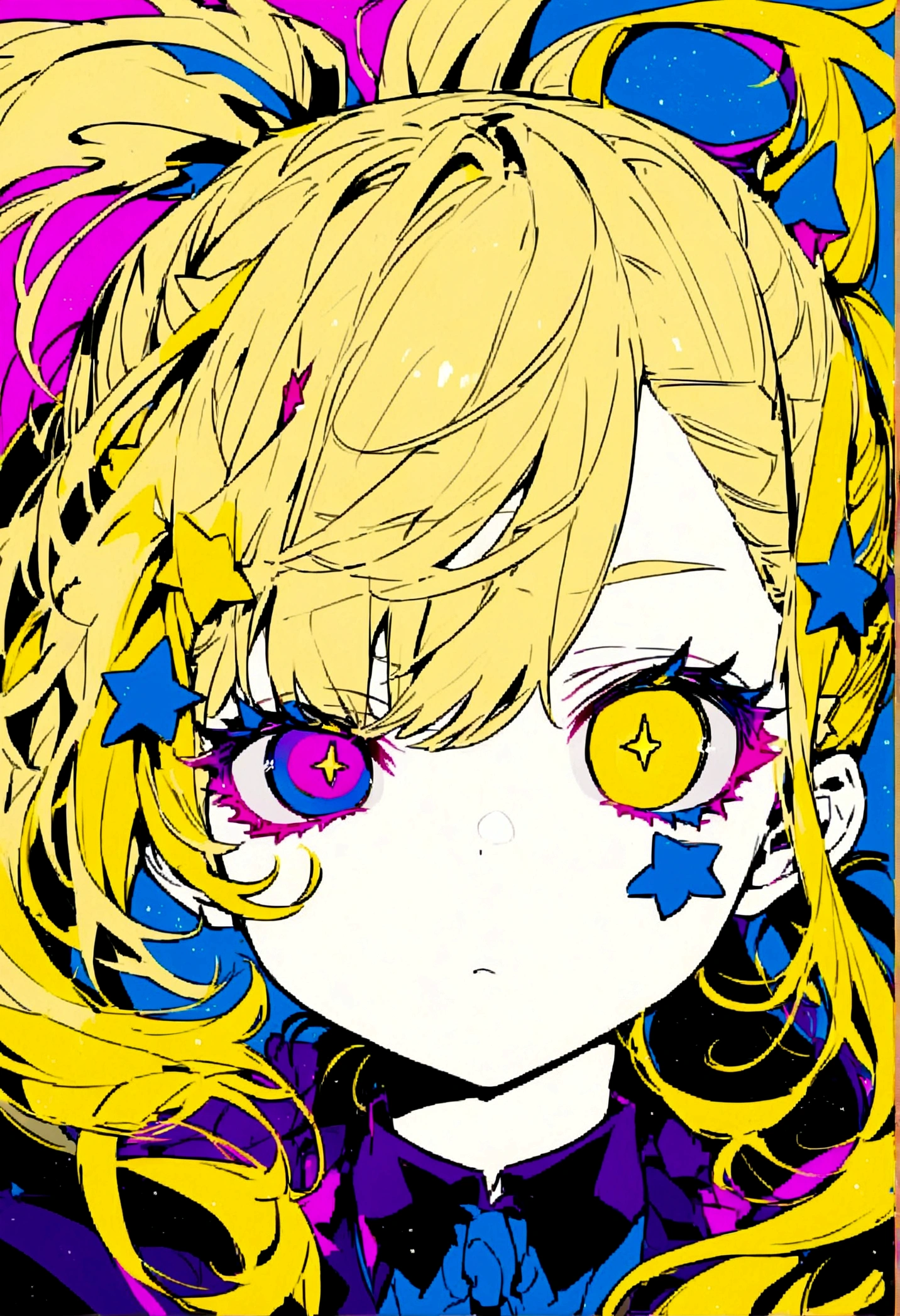 Yellow Hair、Ponytail on the right side、Cat ear、Right eye is blue、Left eye is yellow、Strange Eyes、Stars in my eyes、Double Peace、Star hair ornament、girl