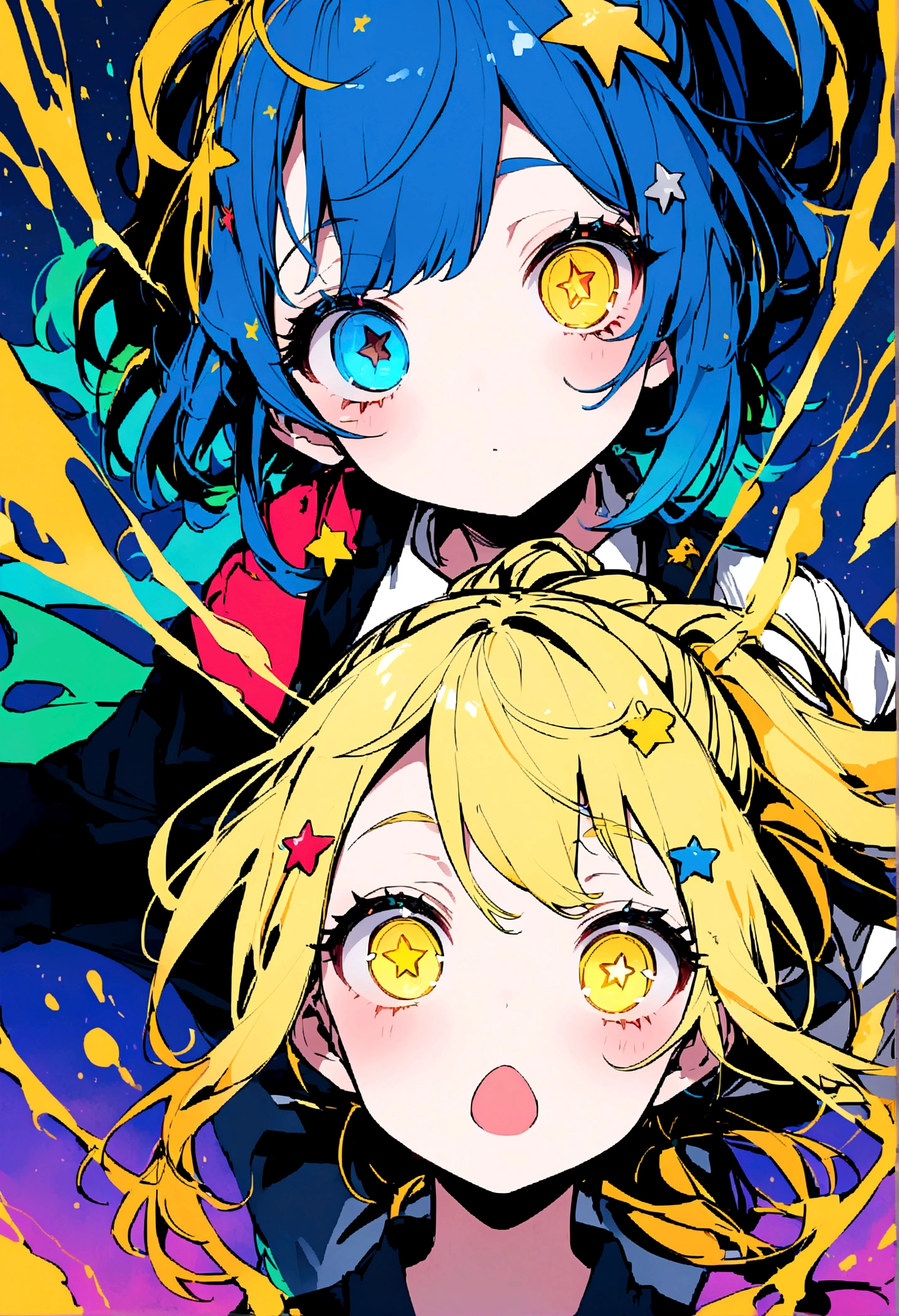 Yellow Hair、Ponytail on the right side、Cat ear、Right eye is blue、Left eye is yellow、Strange Eyes、Stars in my eyes、Double Peace、Star hair ornament、girl