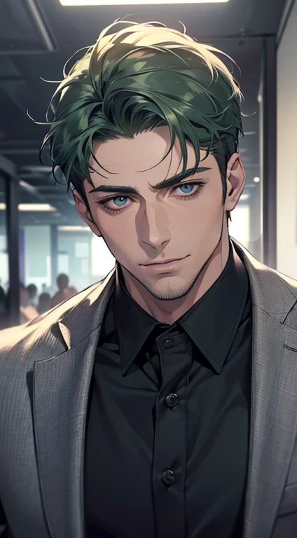 (best quality,4k,8k,highres,masterpiece:1.2),ultra-detailed,(realistic,photorealistic,photo-realistic:1.37),1 man,31 years old,mature man,very handsome,without expression,smile,short green hair,blue eyes,penetrating gaze,perfect face without errors,imposing posture,businessman,office background,cinematic lighting,hdr image